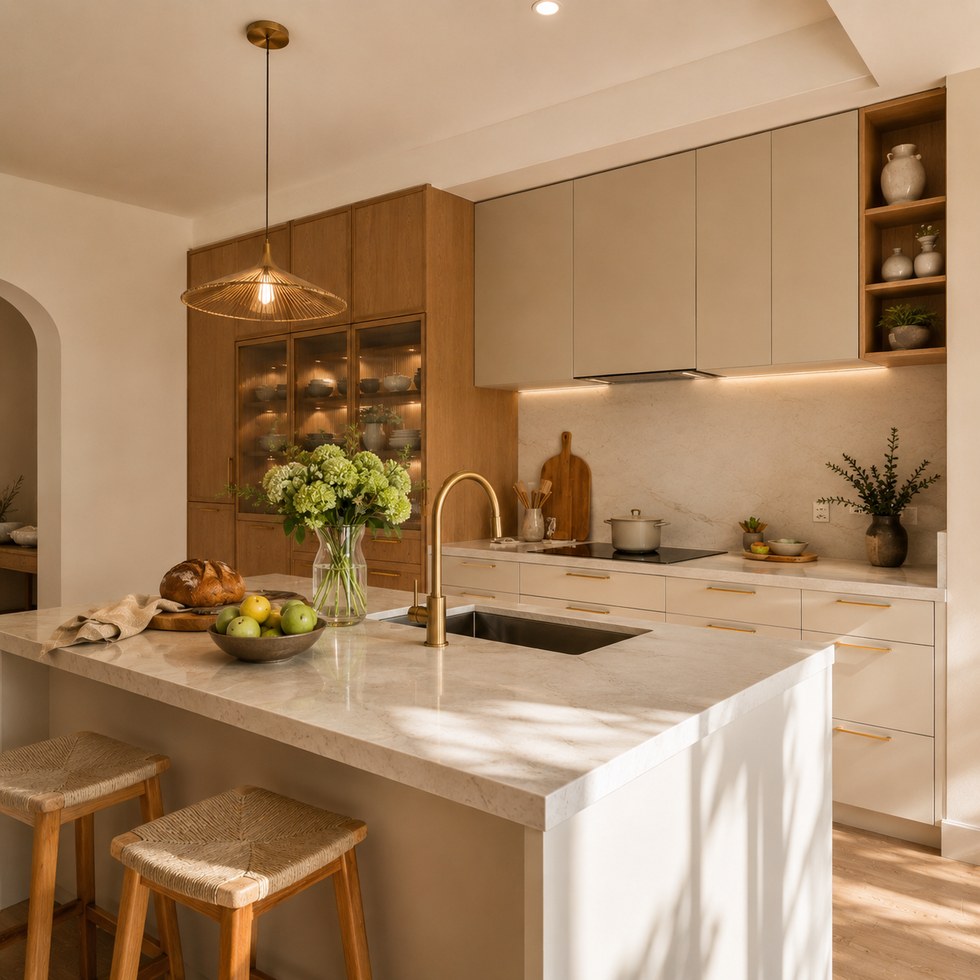Warm Wood and Cream Kitchen Cabinets With Island and Glass Display Towers