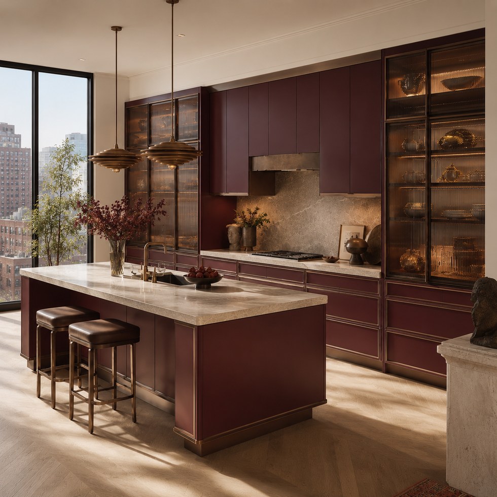 Burgundy Luxury Kitchen Cabinets with Glass Display Units and Island