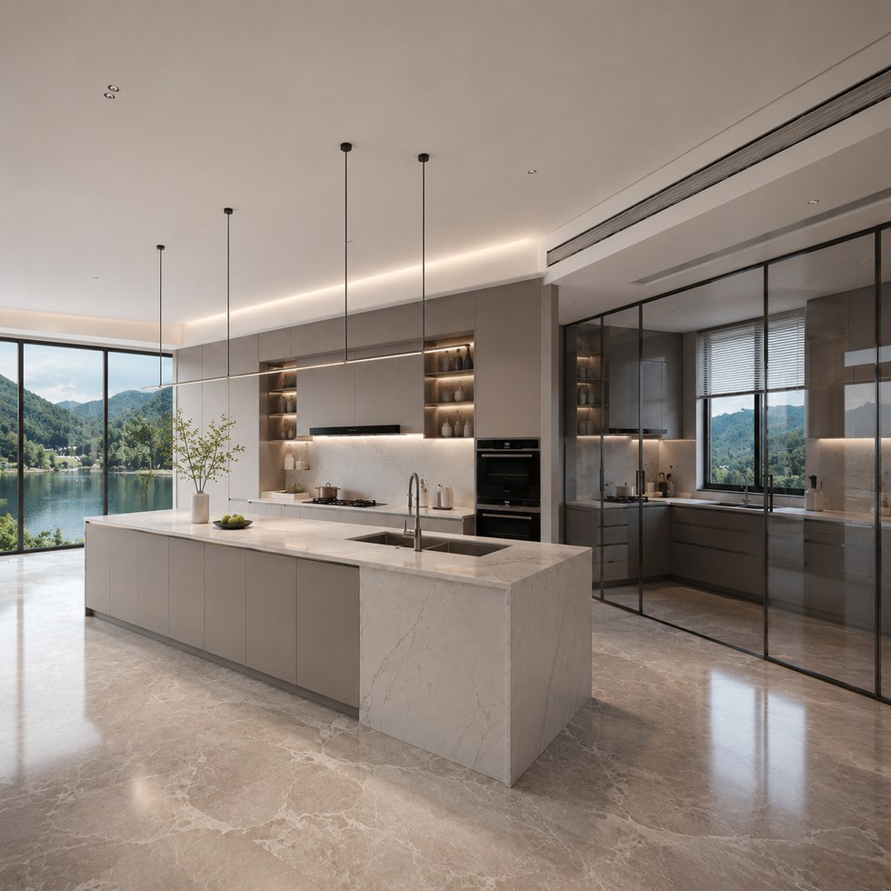 Modern Taupe Kitchen Cabinets With Waterfall Island and Glass Partition