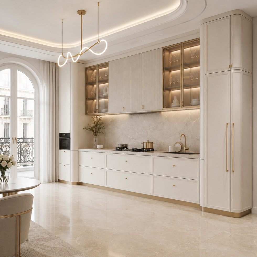 Luxury Cream Kitchen Cabinets with Glass Display Units and Fluted Doors