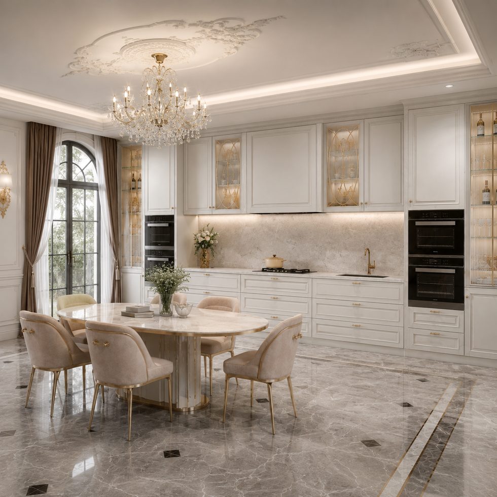 Classic White Kitchen Cabinets with Glass Display Towers and Gold Accents