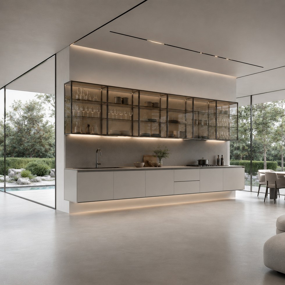 Modern Light Gray Kitchen Cabinets with Dark Framed Glass Wall Units