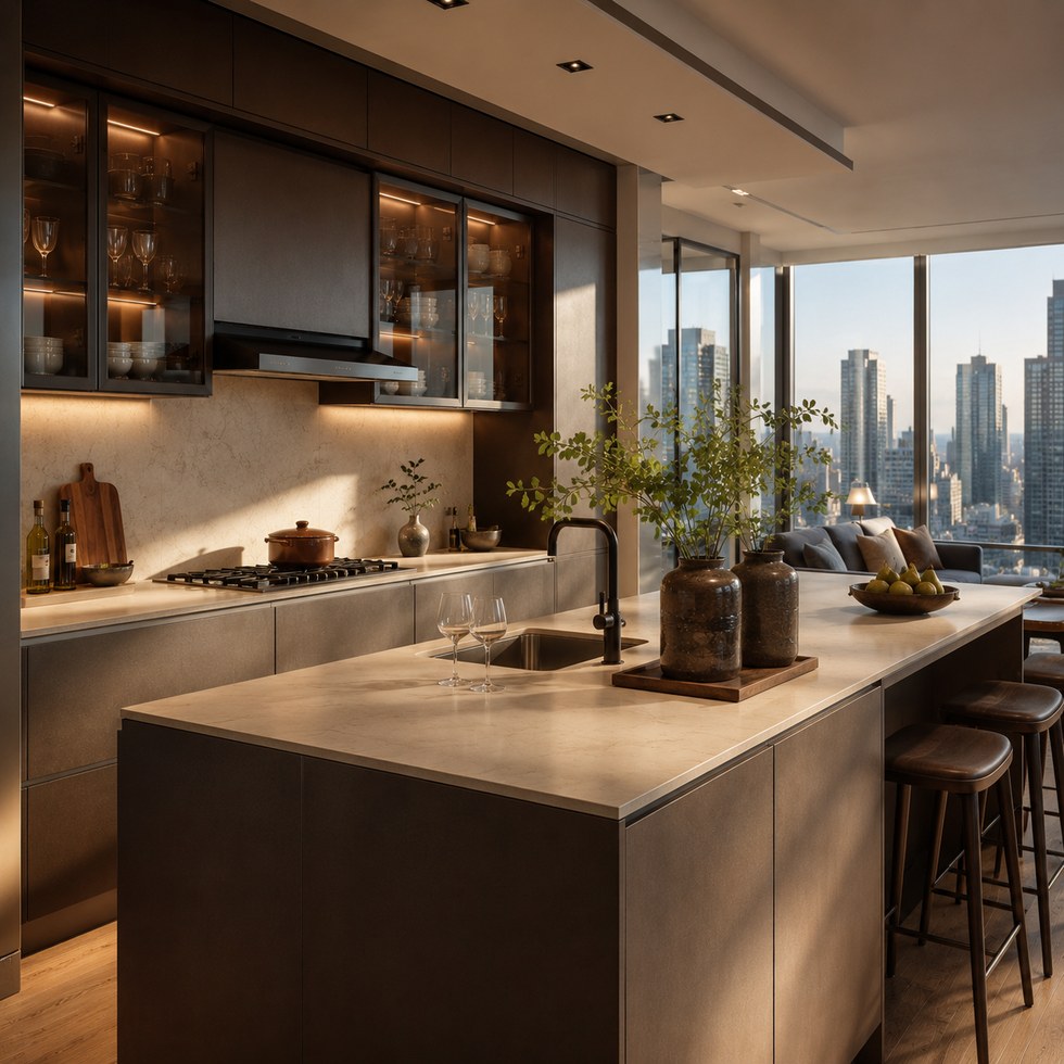 Dark Brown Modern Kitchen Cabinets with Island and Glass Wall Cabinets