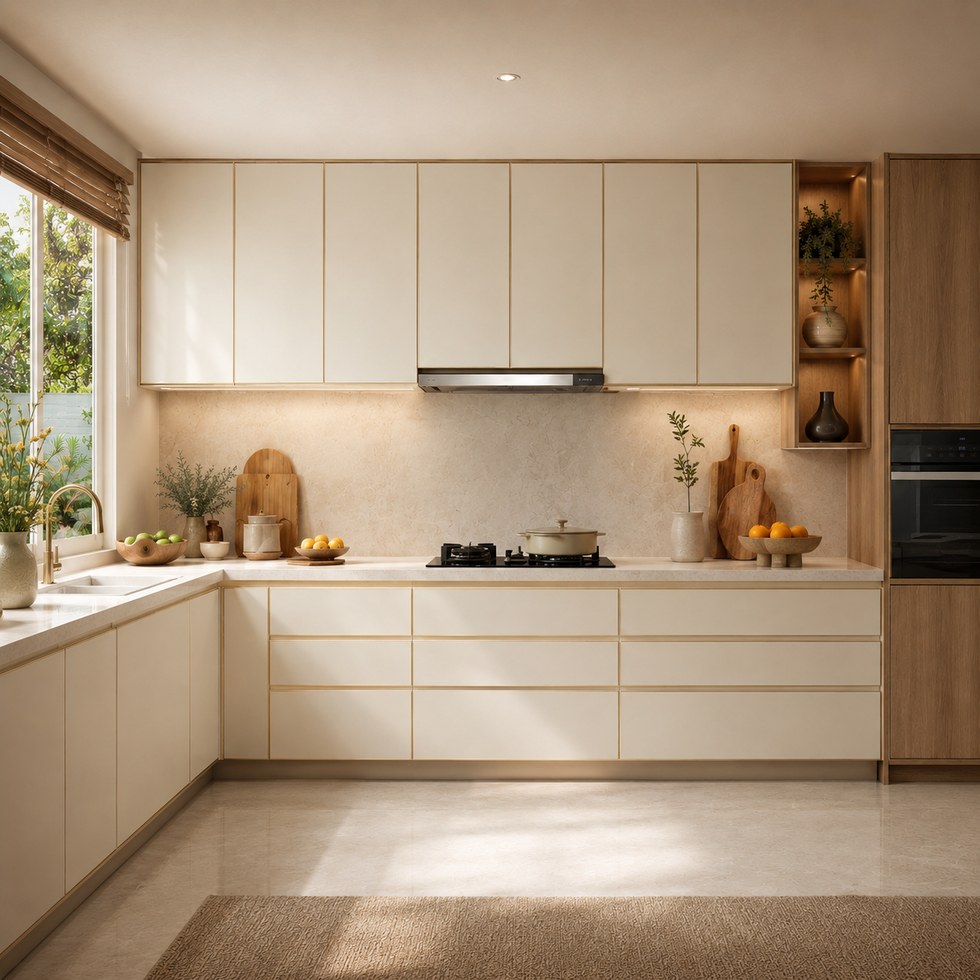 Ivory Flat Panel Kitchen Cabinets With Wood Tone Tall Unit