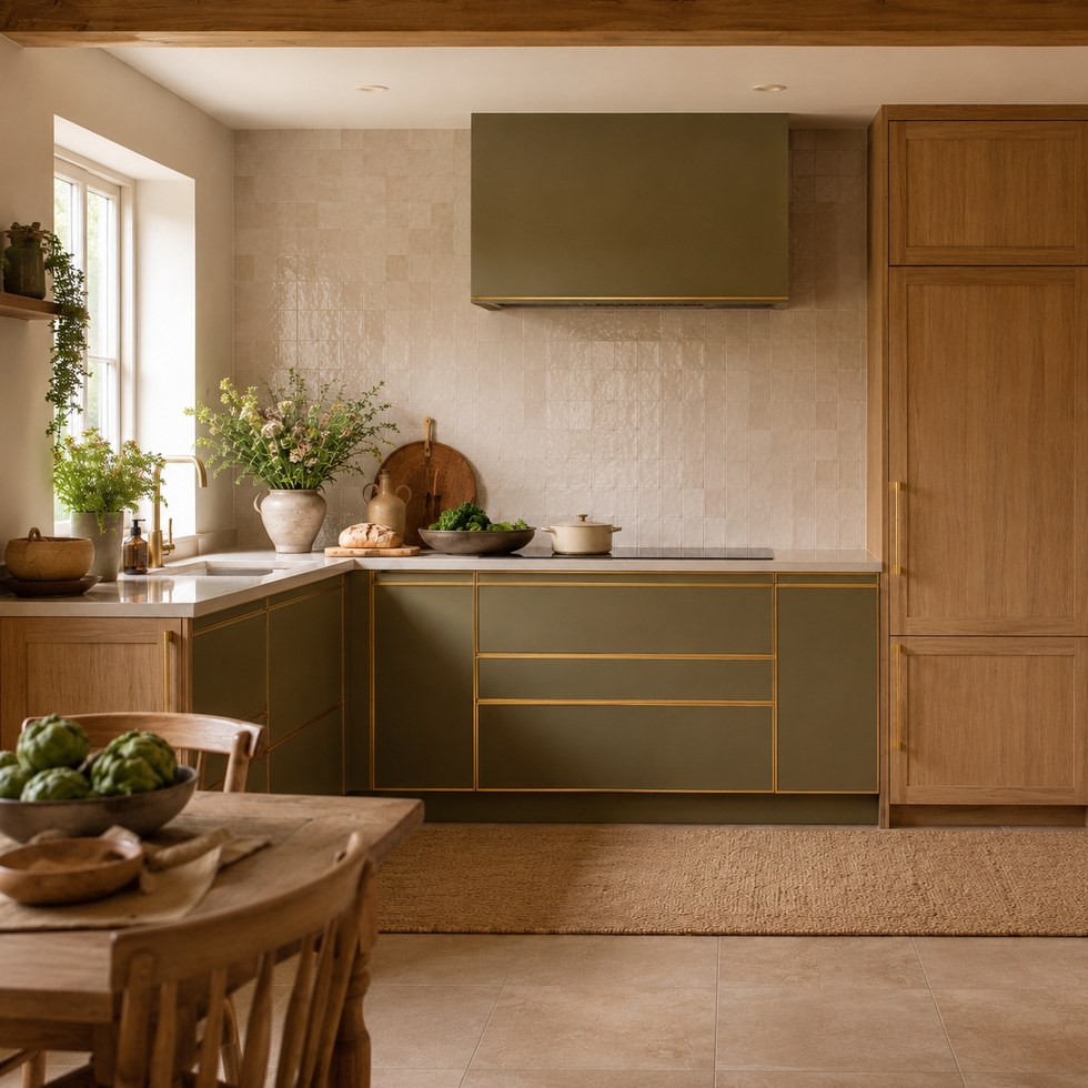 Olive Green and Wood Grain Kitchen Cabinets with Warm Farmhouse Style