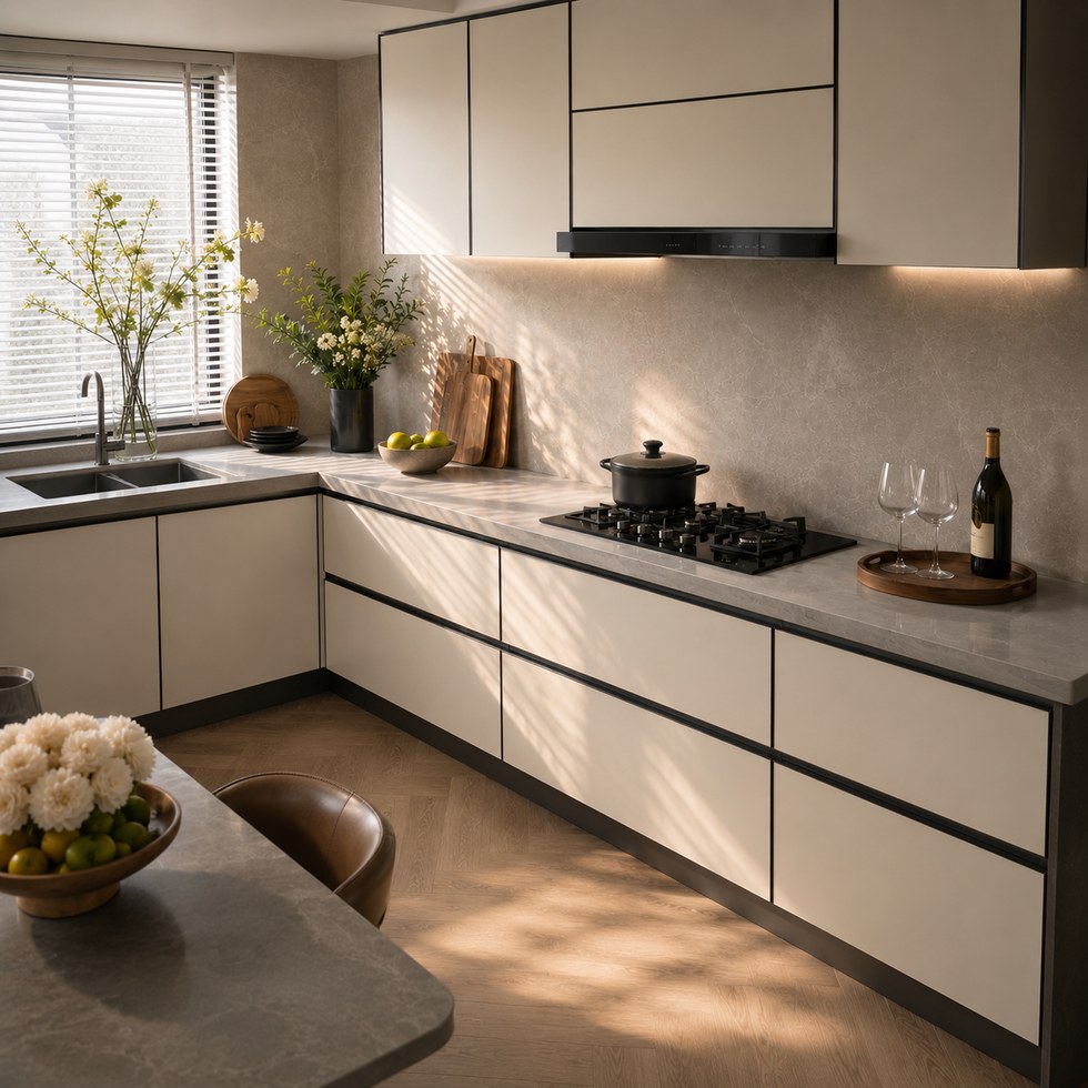Modern Cream Handleless Kitchen Cabinets with Black Trim