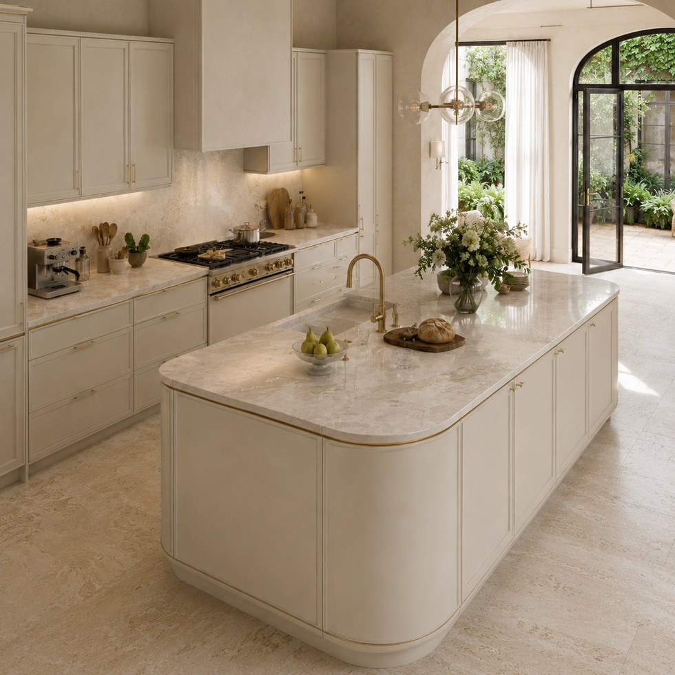 Cream Custom Kitchen Cabinets with Rounded Island and Gold Tone Handles
