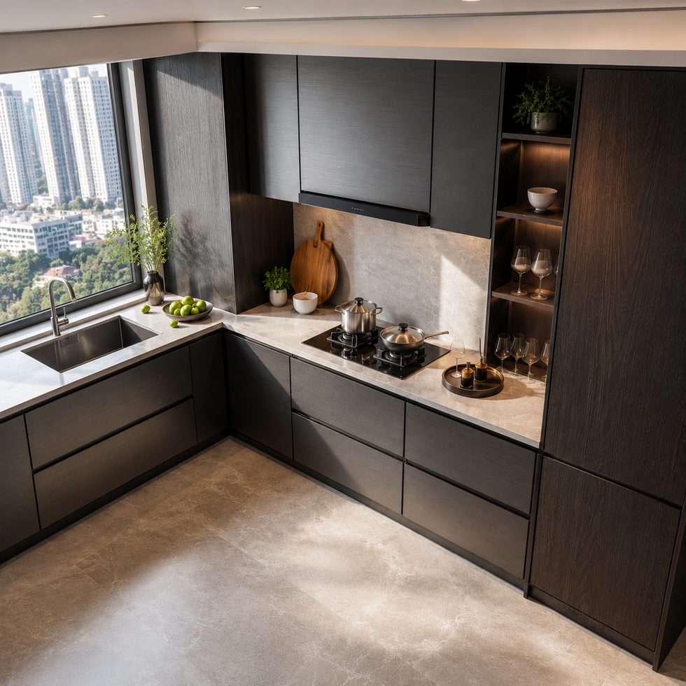 Dark Woodgrain Modern Kitchen Cabinets with Integrated Shelving