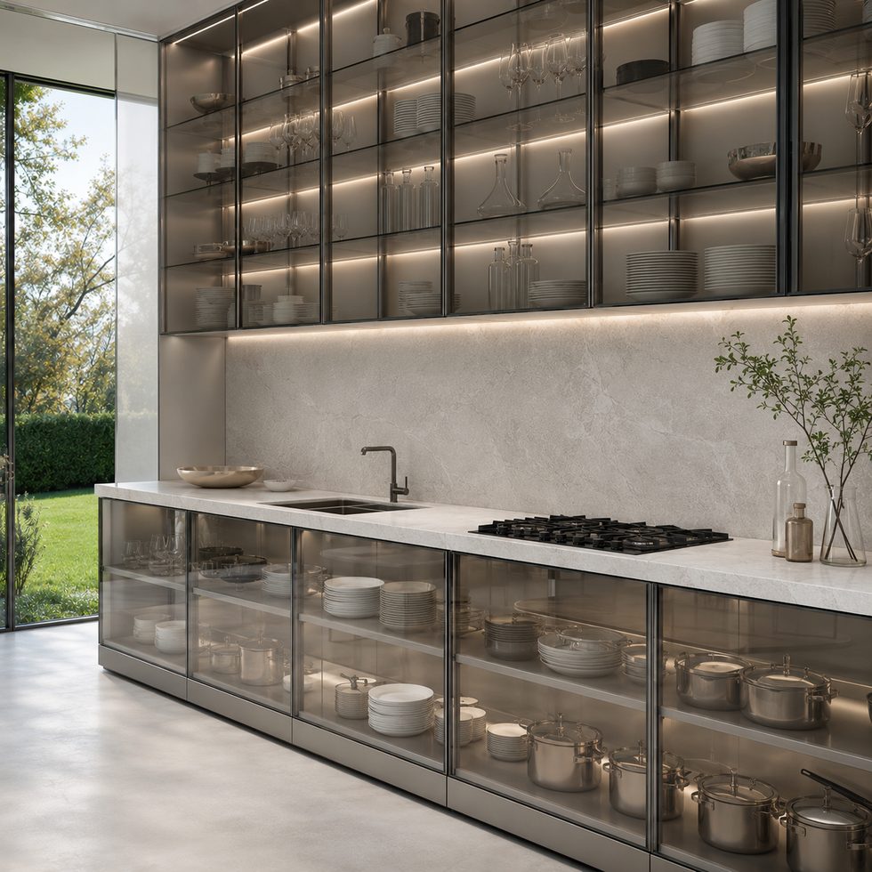 Smoked Glass Kitchen Cabinets with Light Stone Look Countertop