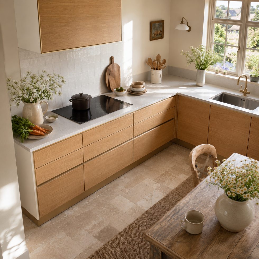 Natural Wood-Look L-Shaped Kitchen Cabinets with Slab Fronts