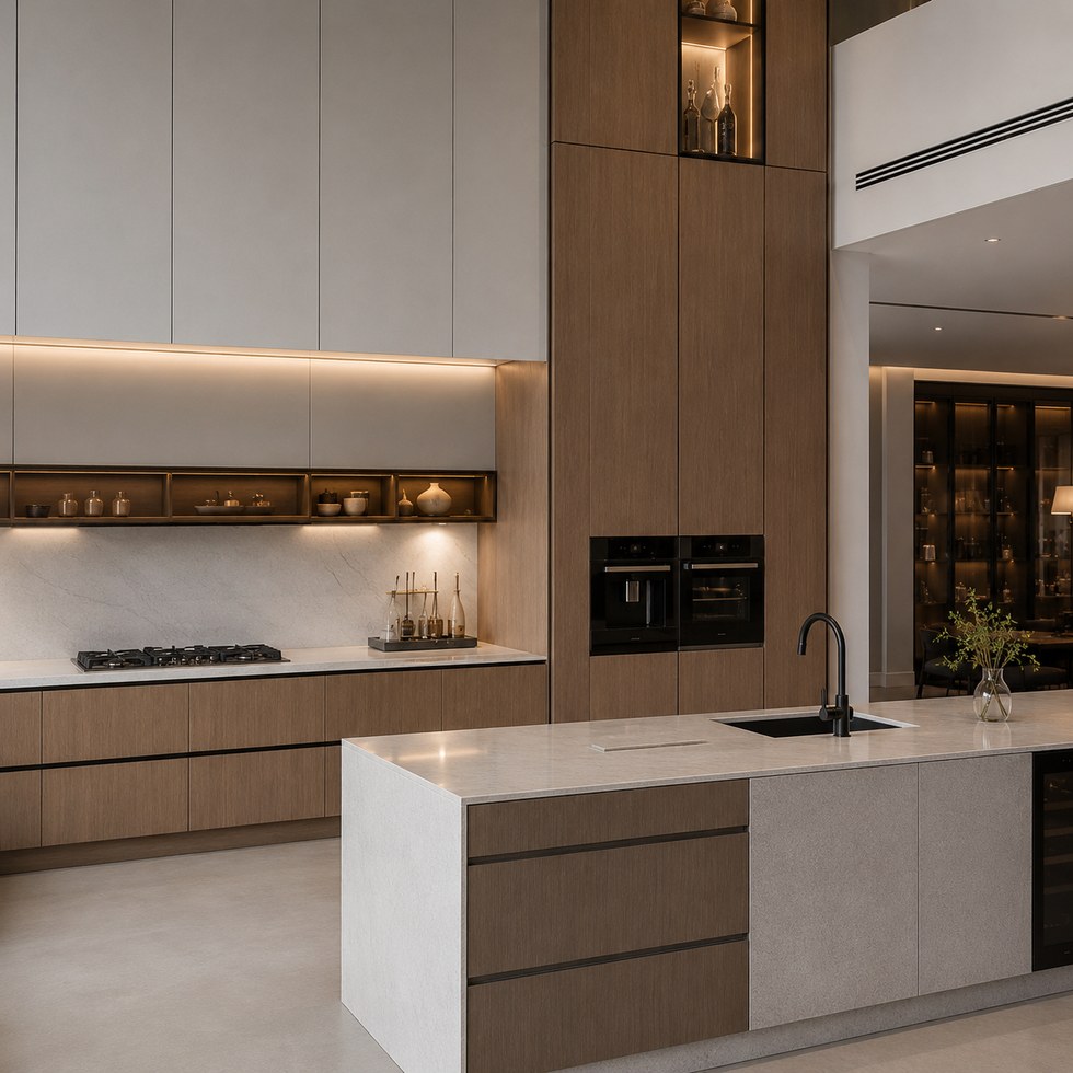 Luxury Double Height Wood Tone Kitchen Cabinets With Island