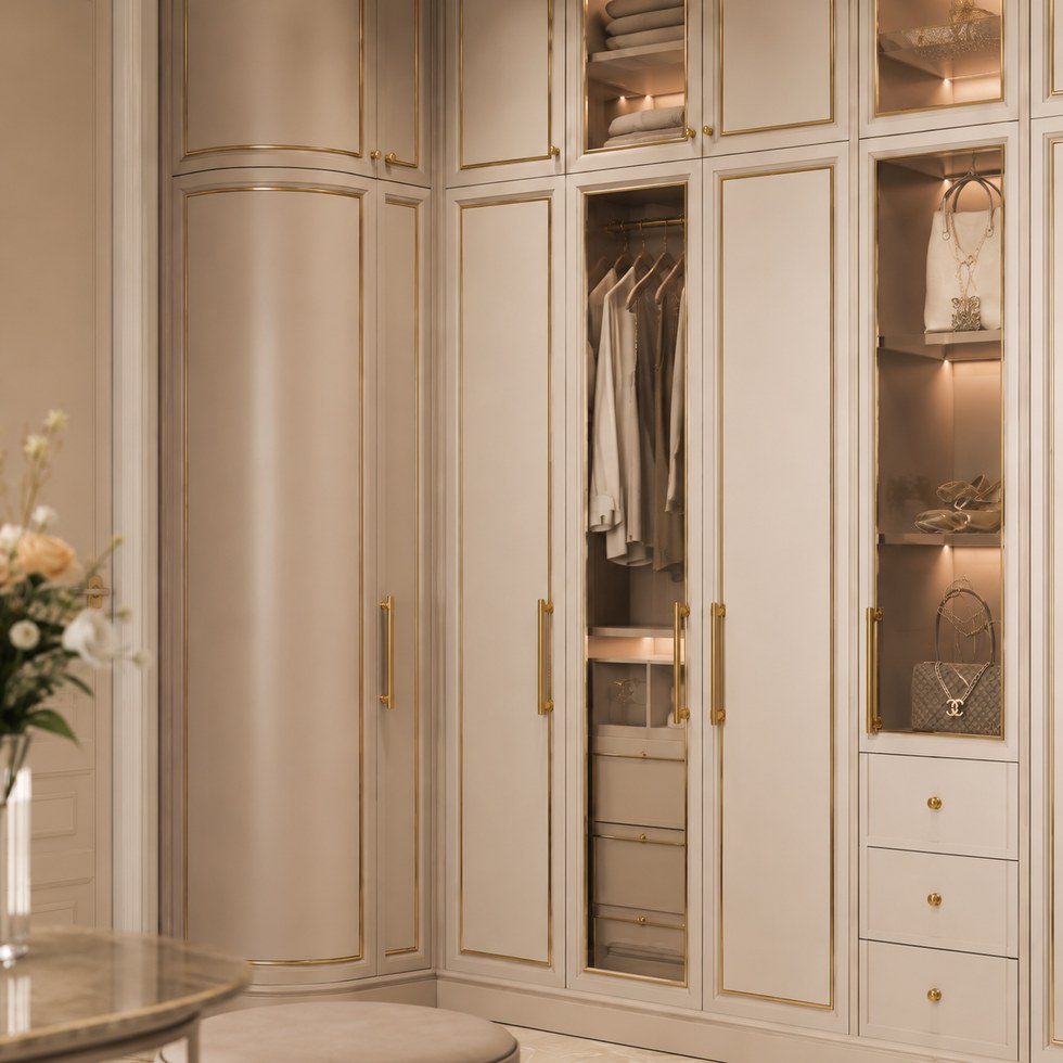 Luxury Ivory Walk-In Closet Wardrobe with Glass Display Doors and Gold-Tone Trim