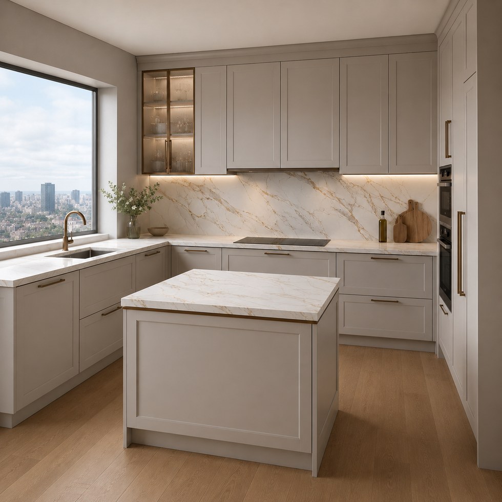 Light Greige Shaker Kitchen Cabinets With Island And Glass Display Cabinet