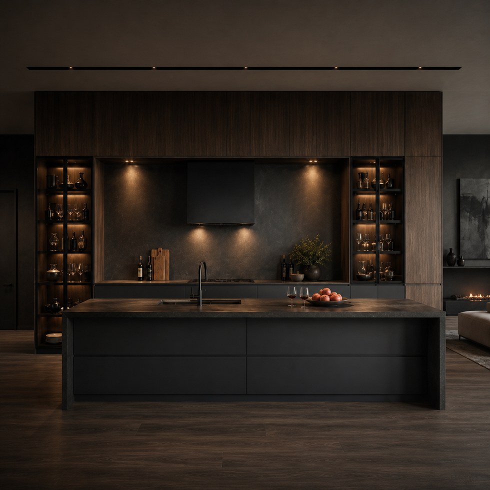 Dark Wood Grain Luxury Kitchen Cabinets With Glass Display Storage