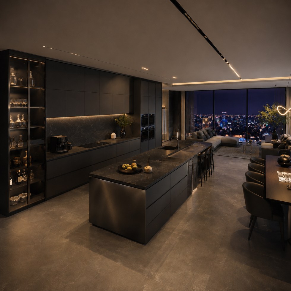 Dark Modern Kitchen Cabinets With Island and Glass Display Storage