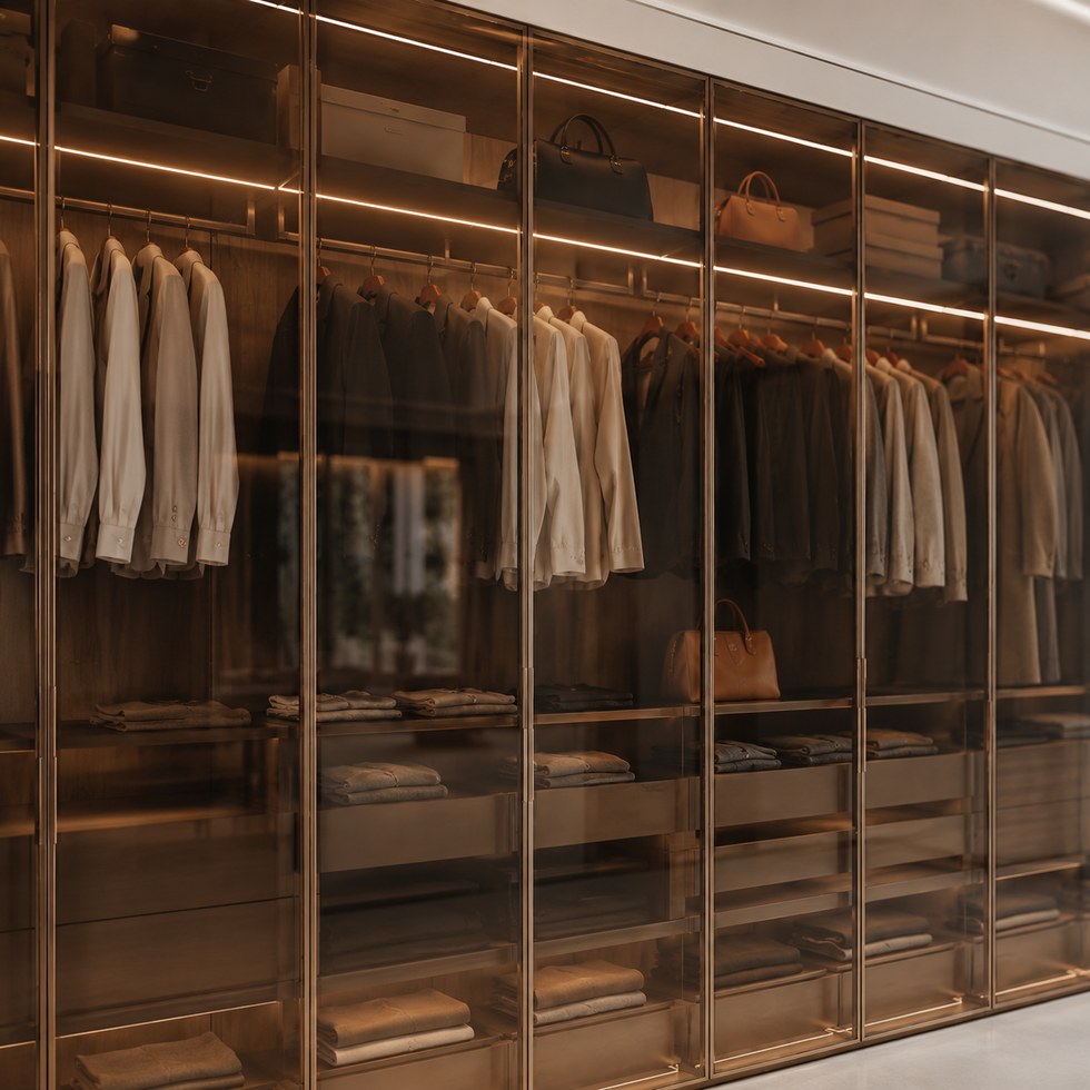 Bronze Glass Walk-In Closet Wardrobe with Warm Interior Lighting