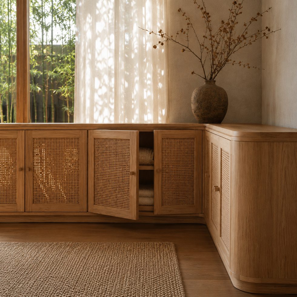 Natural Wood Tone TV Cabinet with Woven Panel Doors and Corner Storage