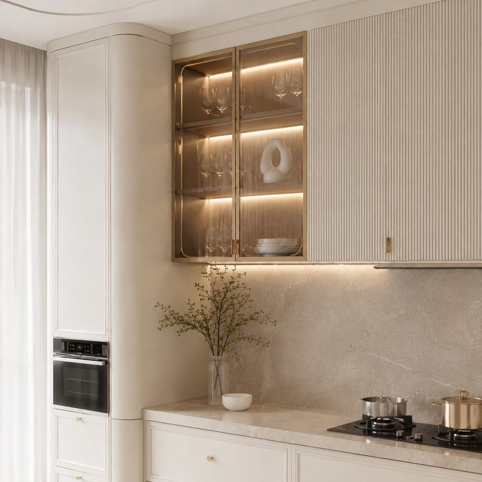 Luxury Cream Kitchen Cabinets with Glass Display Units and Fluted Doors
