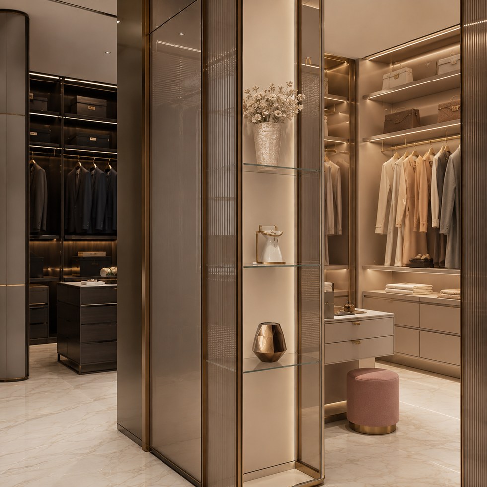 Luxury Walk-In Closet Wardrobe with Glass Display Panels and Warm Lighting