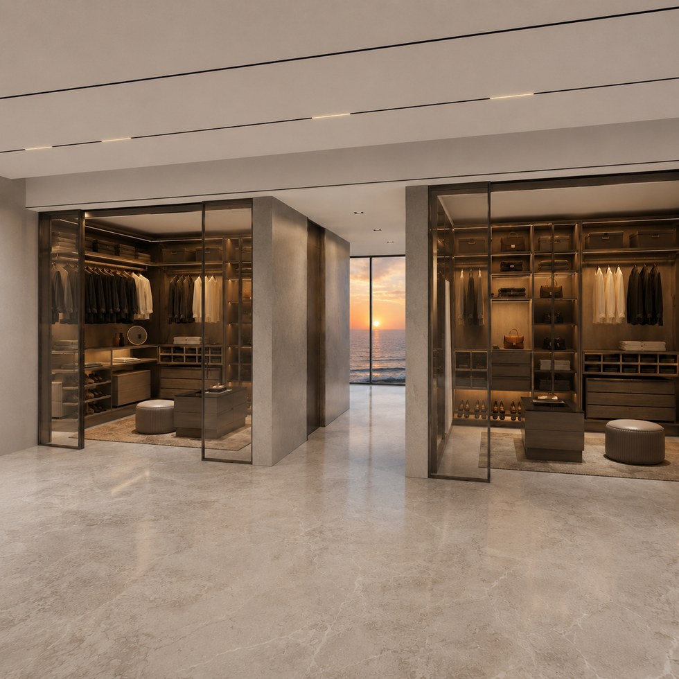 Ocean View Walk-In Closet Wardrobe with Smoked Glass Doors and Warm LED Shelving