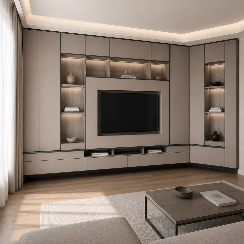 Taupe Corner TV Cabinet with Lit Niches and Floating Base