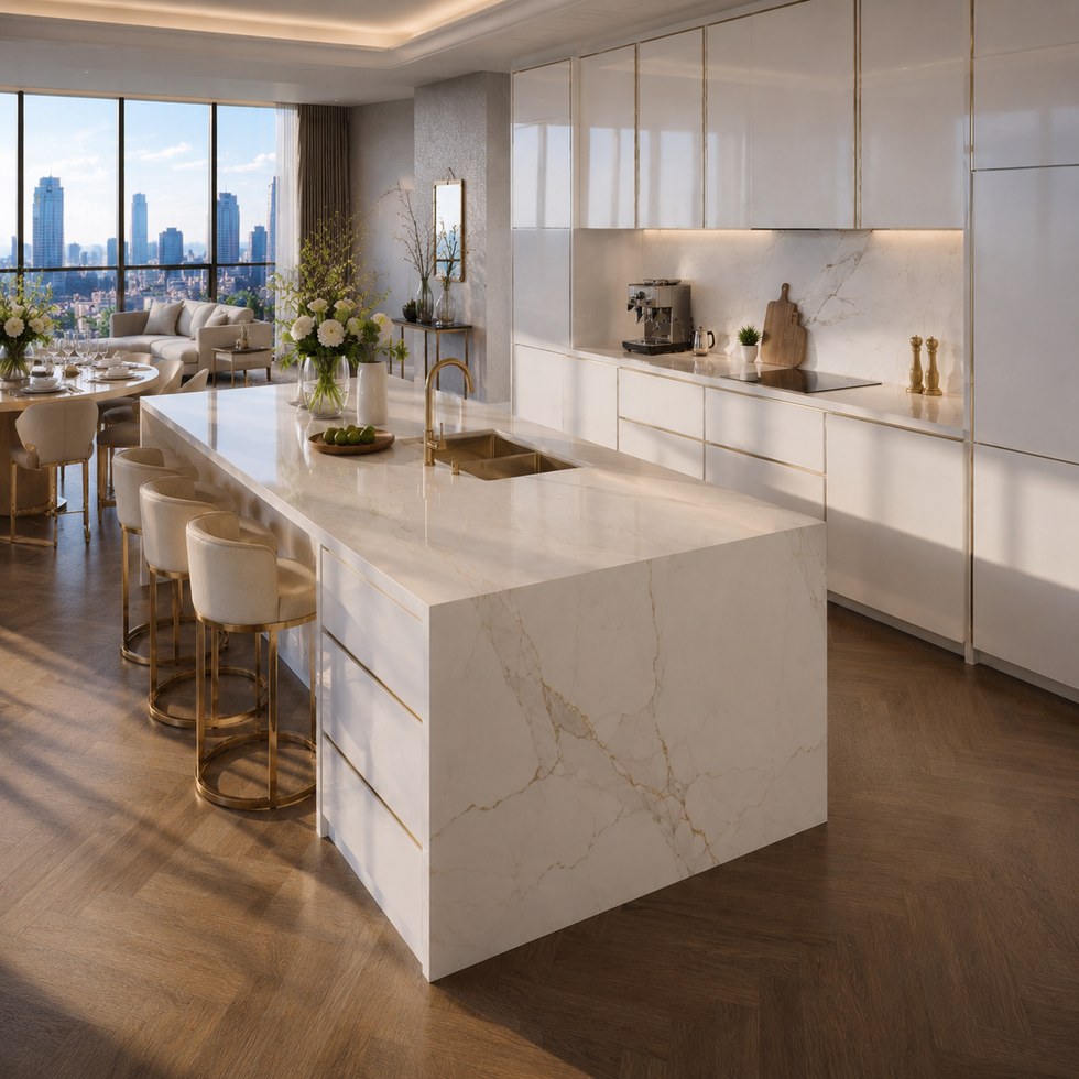 Glossy White Kitchen Cabinets with Marble-Look Waterfall Island