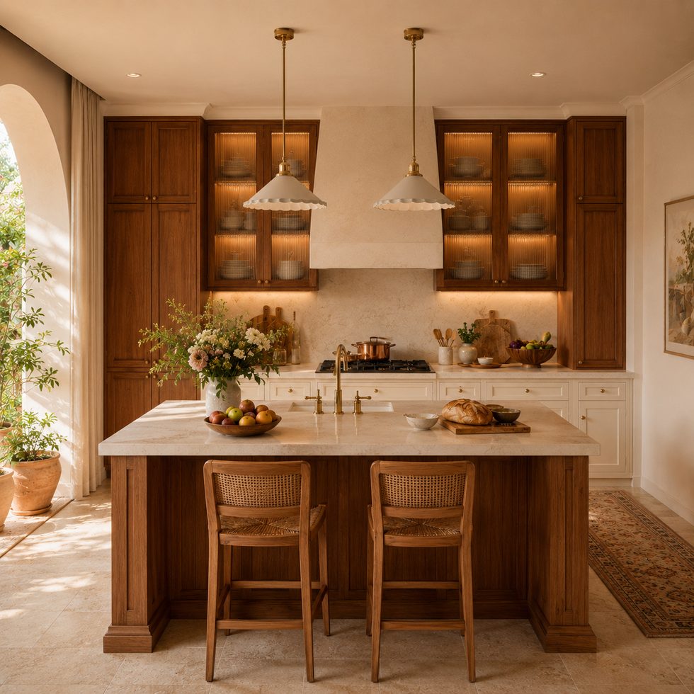 Warm Wood and Cream Kitchen Cabinets with Glass Wall Units