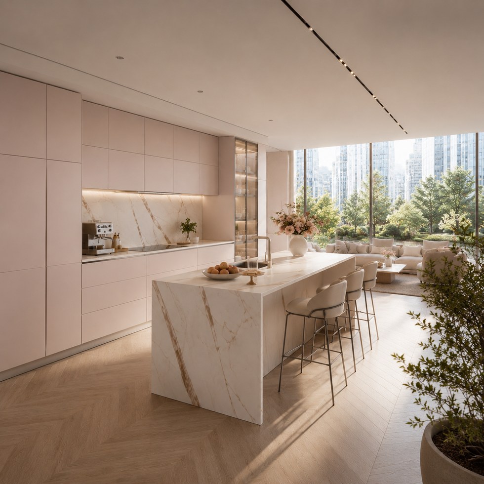 Soft Blush Modern Kitchen Cabinets With Veined Island And Glass Display