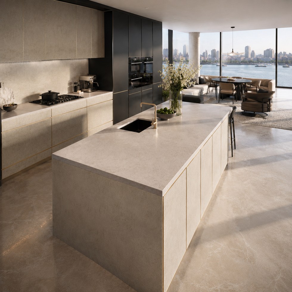 Modern Beige Stone-Look Kitchen Cabinets With Dark Tall Units and Island