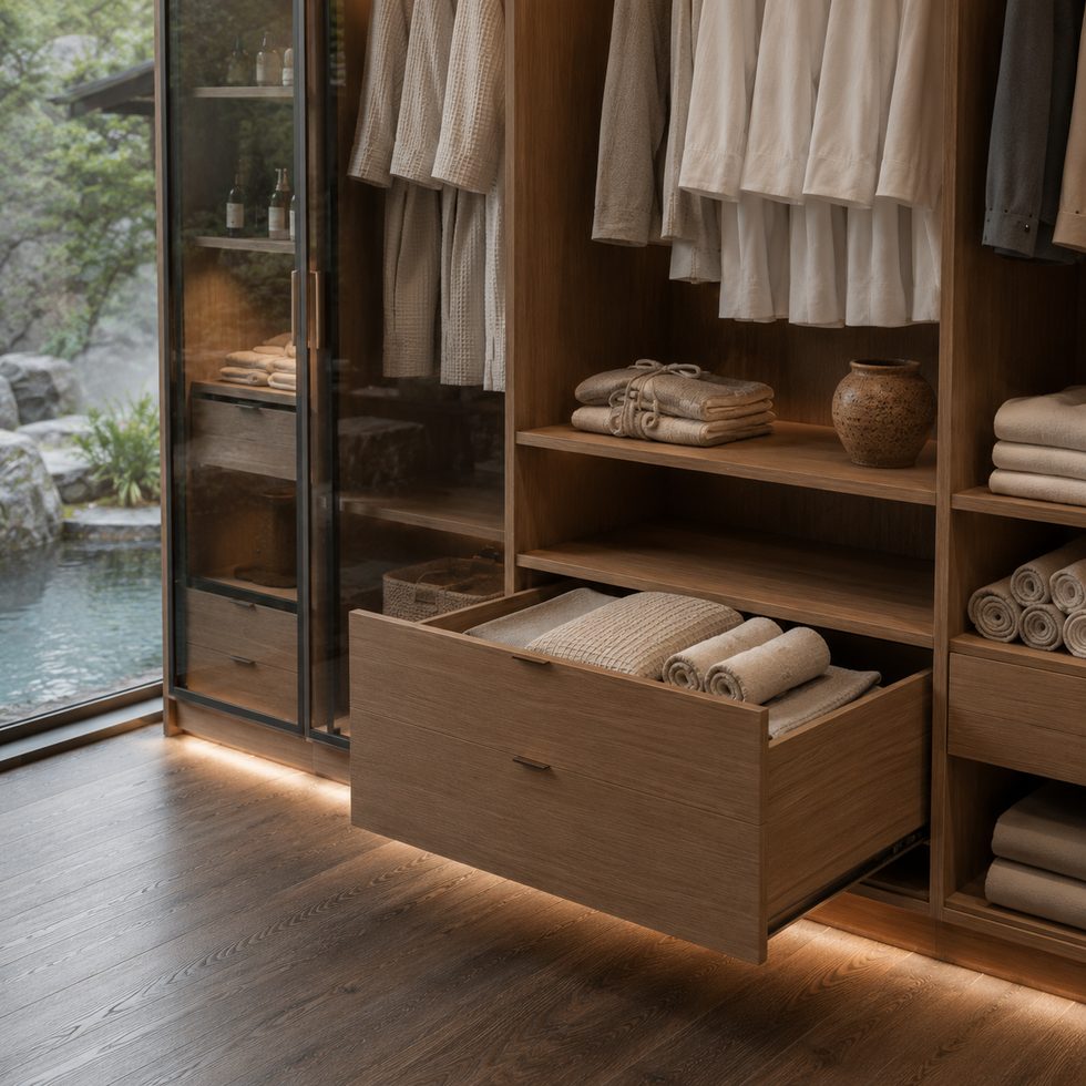Warm Wood-Look Walk-In Closet Wardrobe With Open Shelves, Drawers and Glass-Framed Display Sections