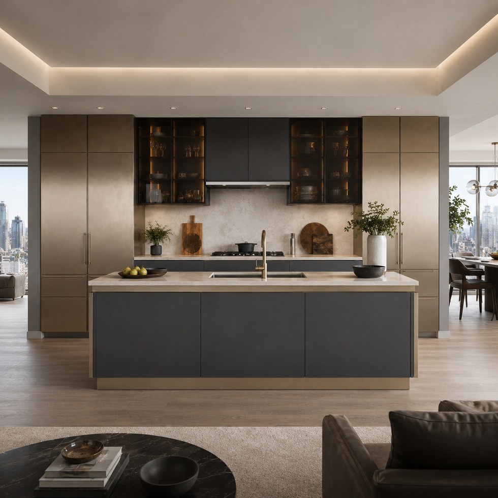 Modern Dark Gray and Champagne Kitchen Cabinets with Smoked Glass Wall Units