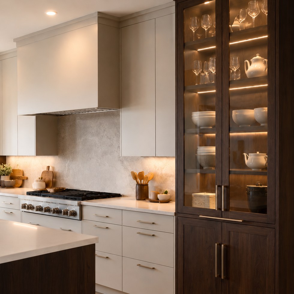 Warm Wood and White Kitchen Cabinets With Long Island and Glass Display Units