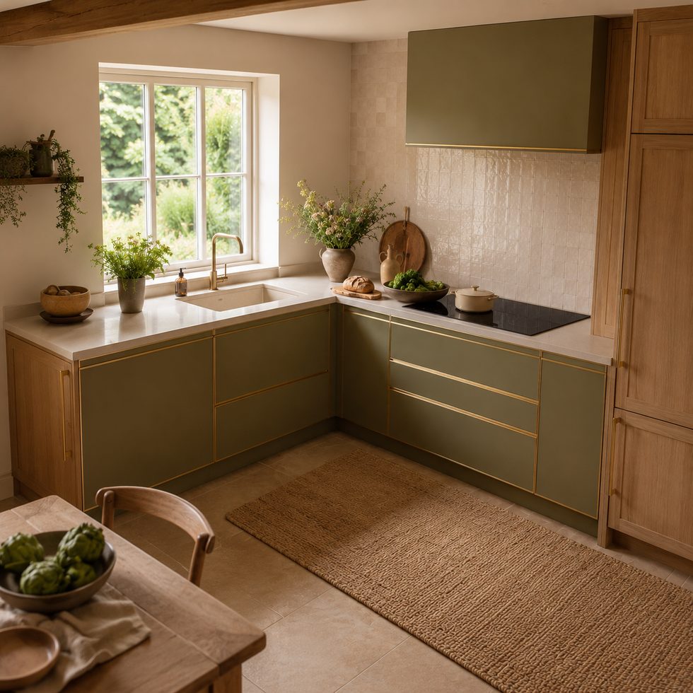 Olive Green and Wood Grain Kitchen Cabinets with Warm Farmhouse Style