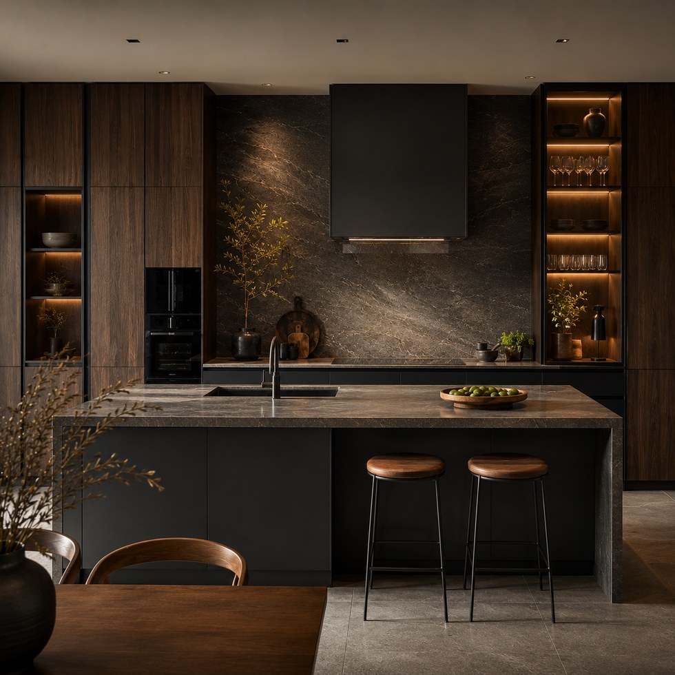 Dark Wood-Look Kitchen Cabinets with Stone-Look Island and Warm Display Shelves