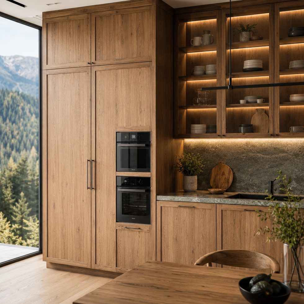 Natural Wood Grain Kitchen Cabinets with Glass Display Uppers and Tall Appliance Wall