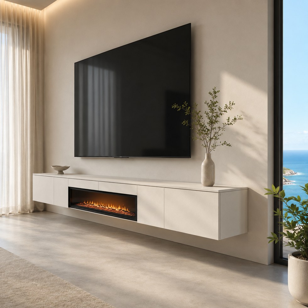 Modern White Floating TV Cabinet with Linear Fireplace Feature