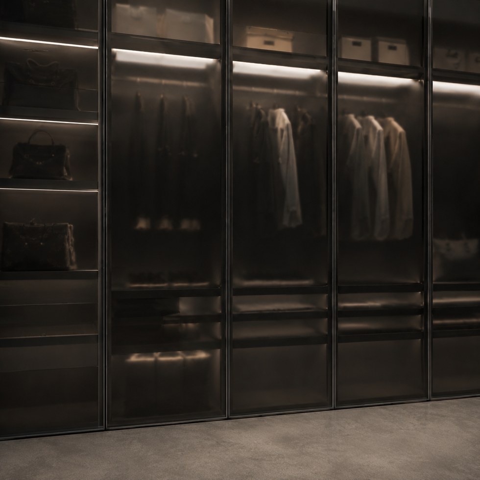 Dark Smoked Glass Walk-In Closet Wardrobe With Integrated Lighting