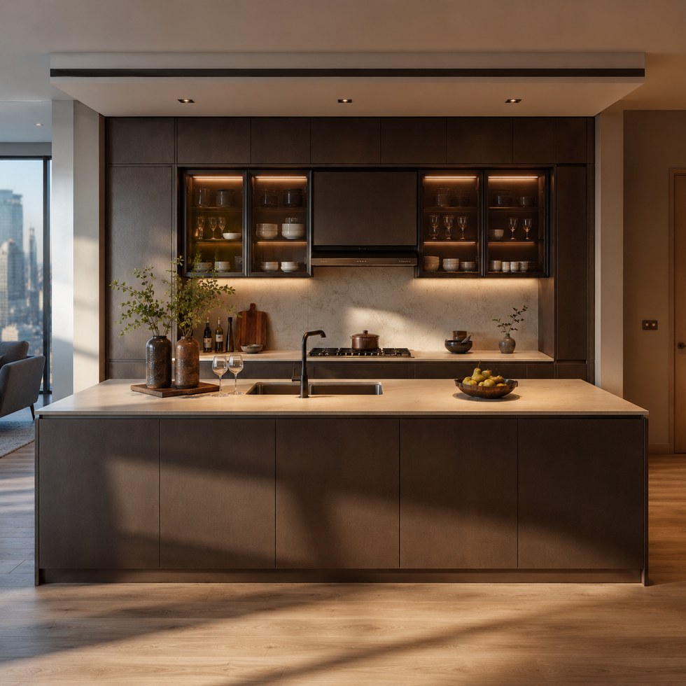 Dark Brown Modern Kitchen Cabinets with Island and Glass Wall Cabinets
