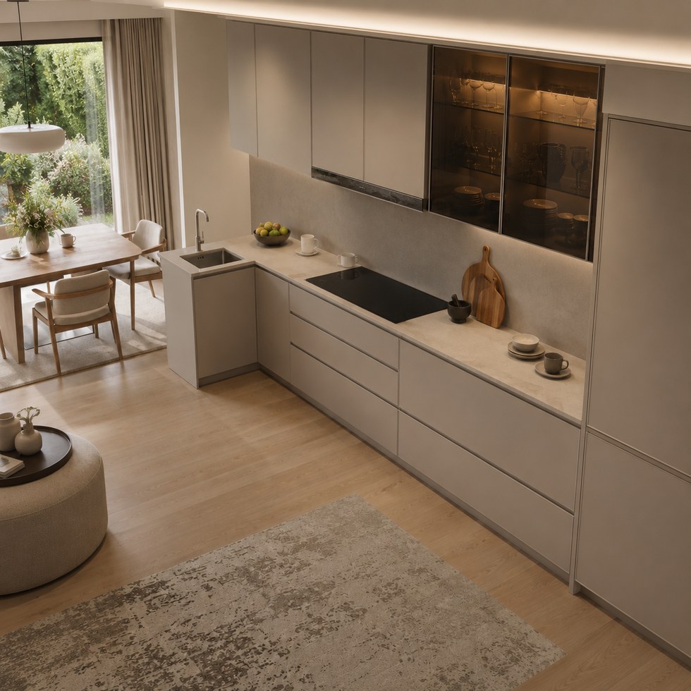 Modern Greige Handleless Kitchen Cabinets With Smoked Glass Wall Units