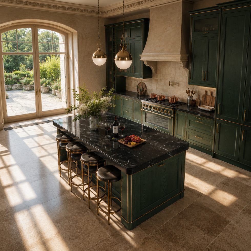 Dark Green Classic Kitchen Cabinets with Island and Black Stone-Look Countertop
