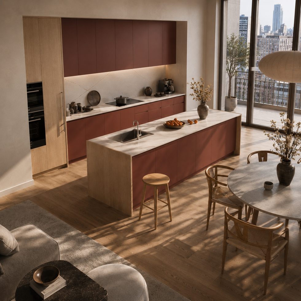 Modern Terracotta And Light Wood Kitchen Cabinets With Island