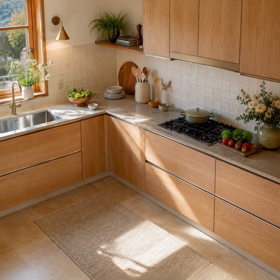 Warm Wood Grain Handleless L Shaped Kitchen Cabinets with Peninsula