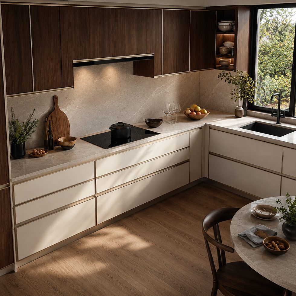 Modern Two-Tone Wood Grain and Cream L-Shaped Kitchen Cabinets