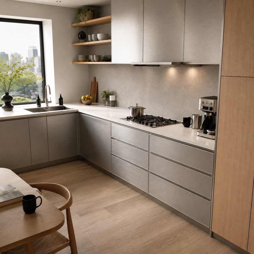 Modern Brushed Gray and Wood Tone L-Shaped Custom Kitchen Cabinets