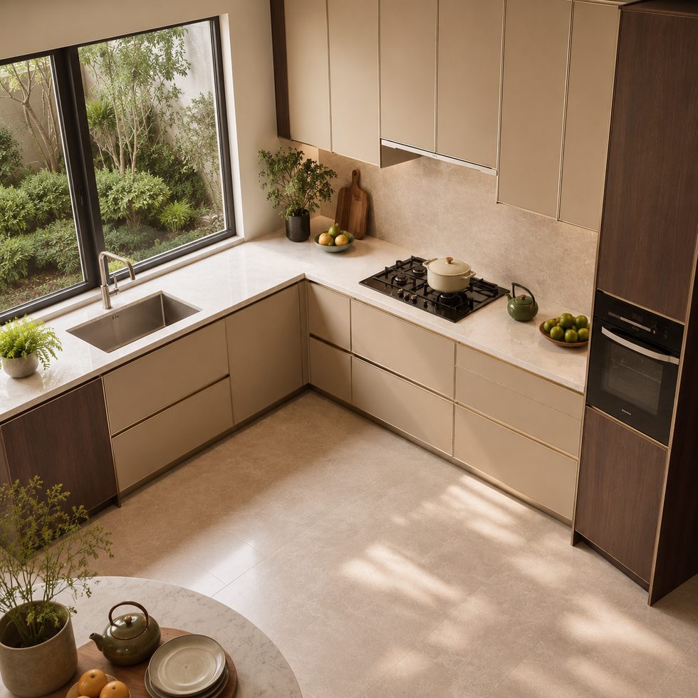 Modern Beige L-Shaped Kitchen Cabinets with Wood-Tone Tall Units