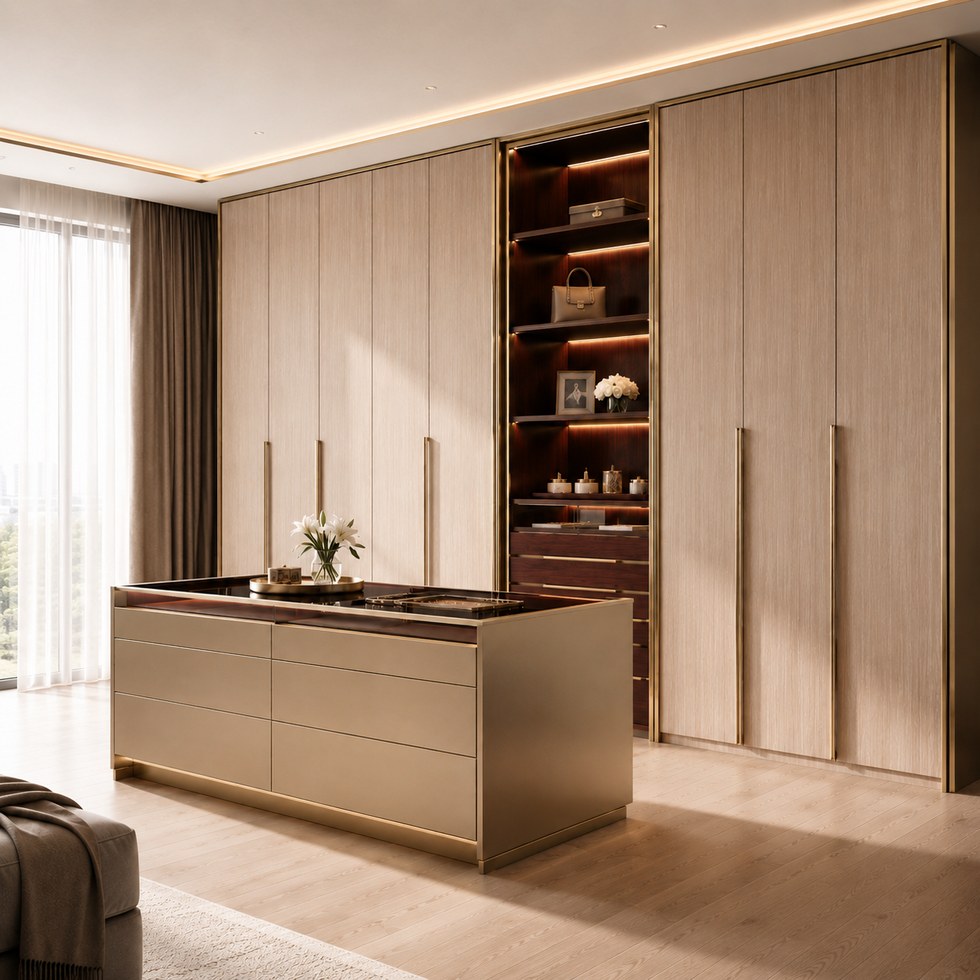 Light Wood Walk-In Closet with Display Tower and Island