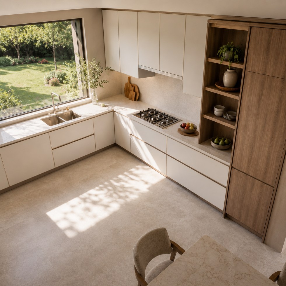 Warm Neutral Kitchen Cabinets With Wood Look Tall Storage