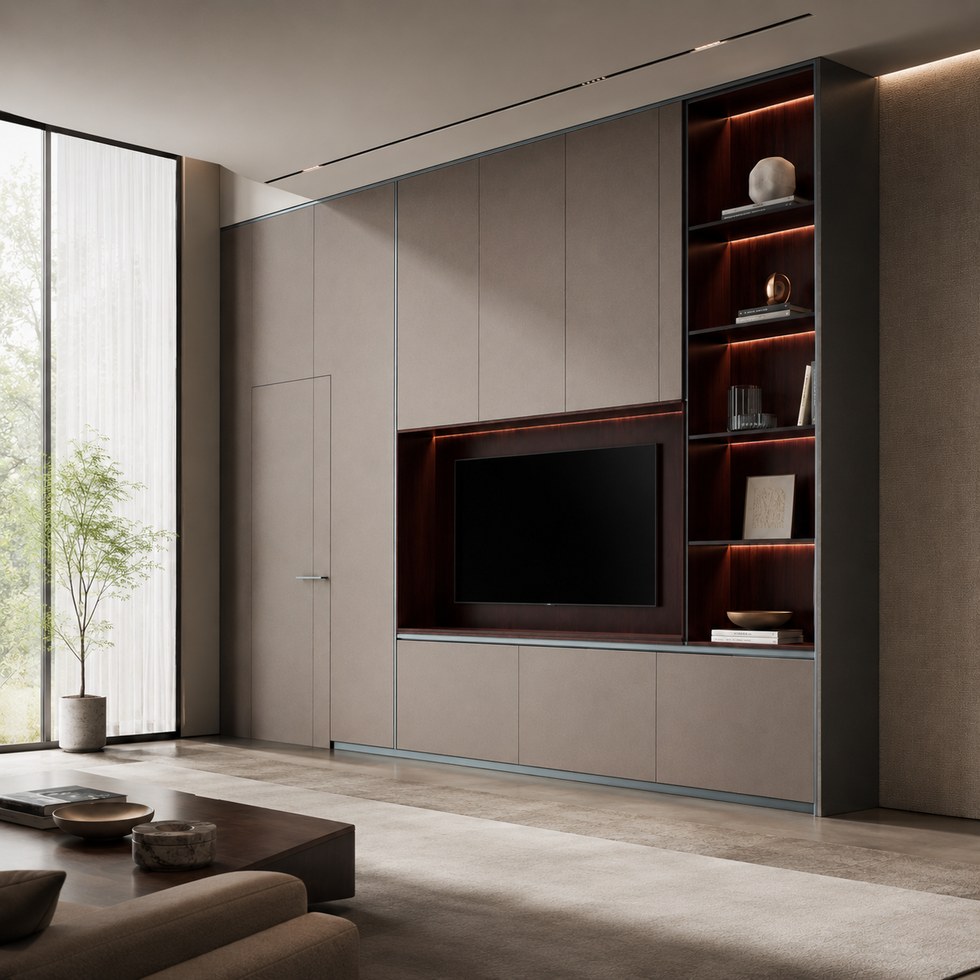 Modern Taupe Wall Paneling with Integrated TV Niche and Display Shelves