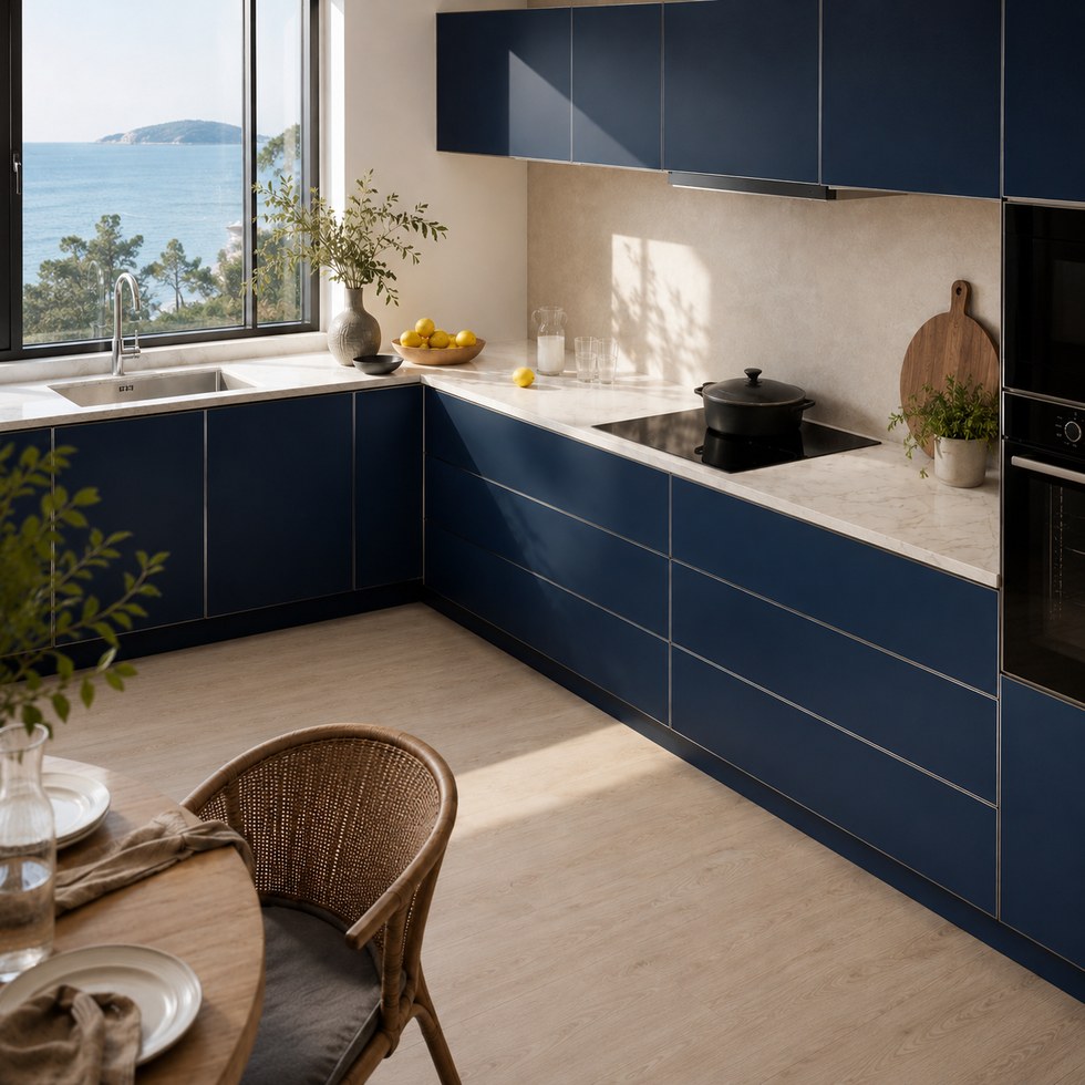 Deep Navy Blue Slab Door Kitchen Cabinets with White Countertop