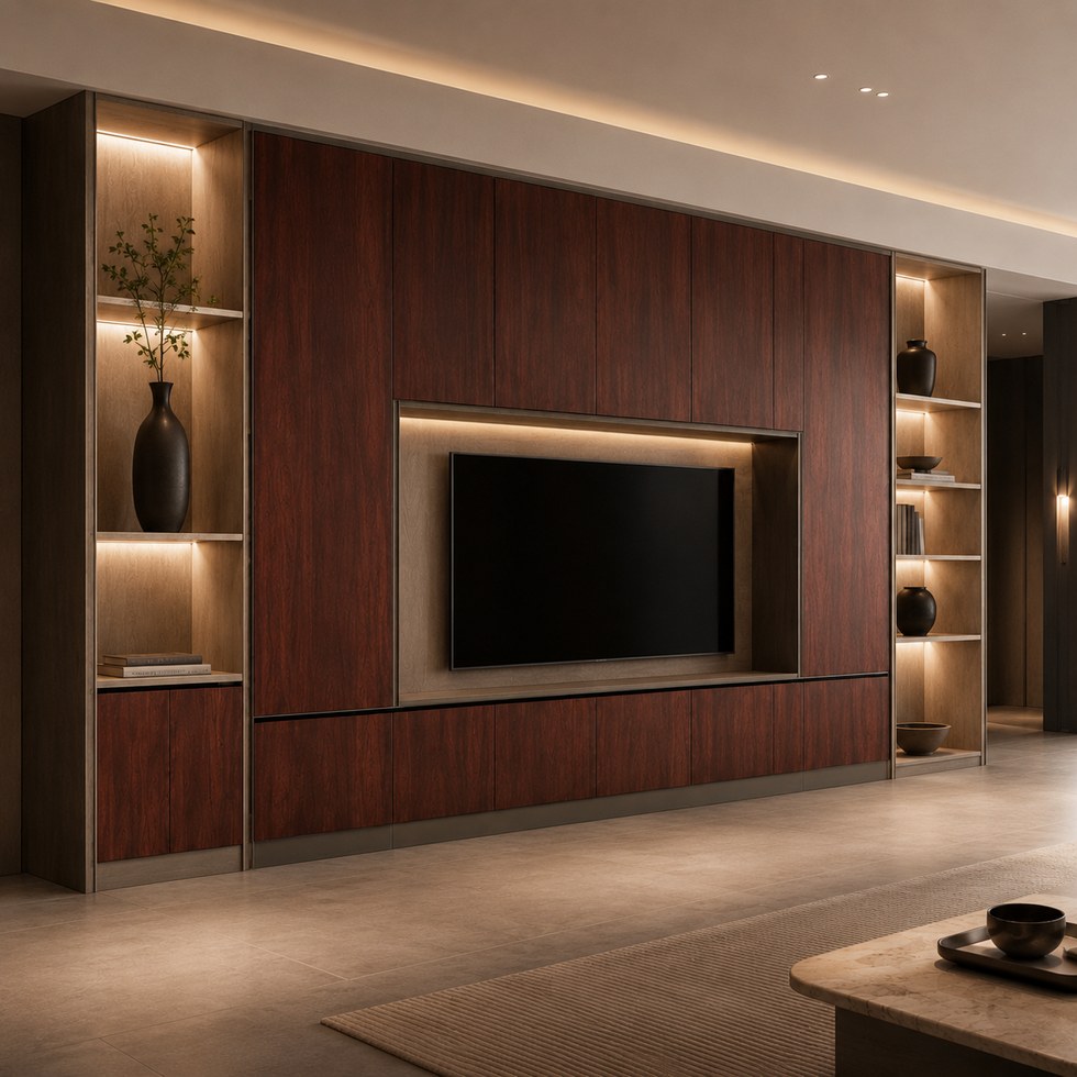 Modern Wood Grain Wall TV Cabinet With Open Display Shelves